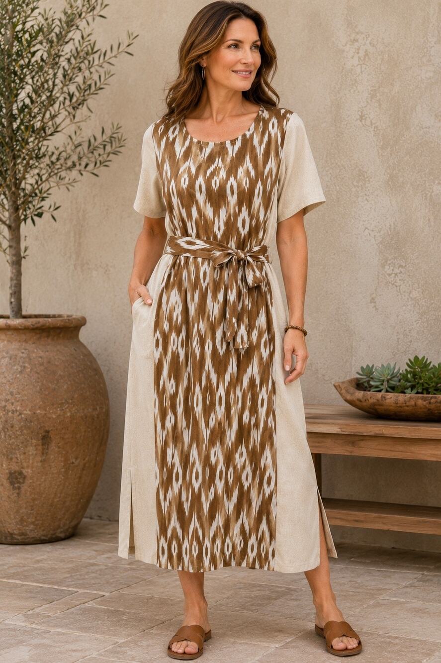J. Jill Pure Jill Elements XL Petite Ikat Belted Linen Blend Midi Dress NWT Boho